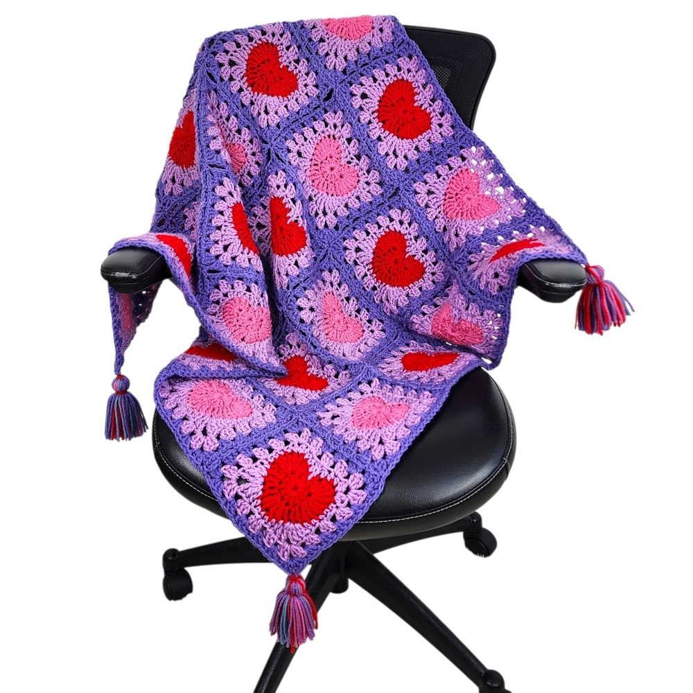 New Handmade Crochet Heart Granny Square Lap Blanket Tassels Purple Pink Red